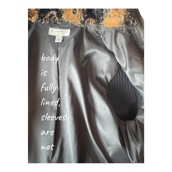 ST. JOHN Leather Trimmed Faux Fur Luxury Knit Jacket Black Tan Size Small - Picture 5 of 15